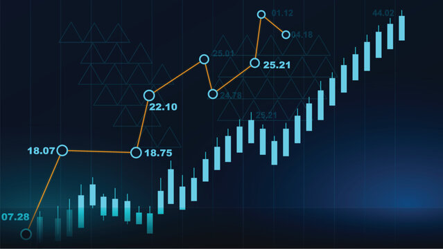Financial stock market candlestick chart and rising line graph showing economic growth and investment analysis