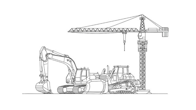 Construction site with 2D AutoCAD Vector illustration of crane, excavator, and bulldozer