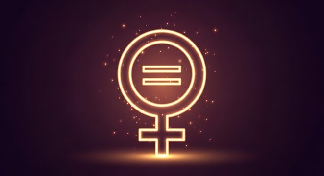 Glowing neon female gender symbol with equal sign concept for women equality day