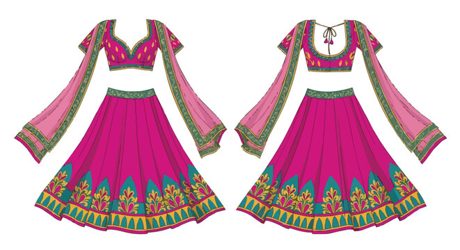 Hand Drawn Magenta Indian Ethnic Lehenga Choli Dress with Green Border Embroidery for Wedding and Festive Fashion