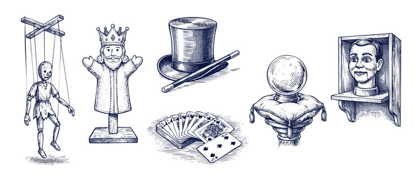 Vintage magic performance line art illustration set featuring retro marionette puppet, king hand puppet, top hat with wand, playing cards, fortune telling crystal ball, and ventriloquist dummy.