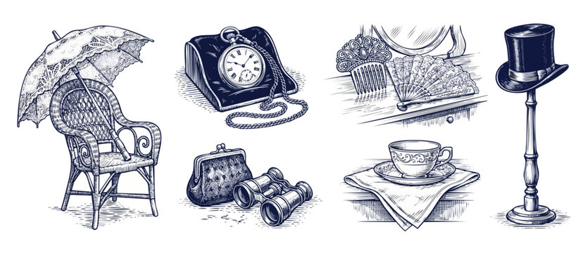 Victorian vintage accessories engraving sketch collection featuring pocket watch parasol hat teacup fan opera glasses and wicker chair retro historical illustrations in classic woodcut etching style