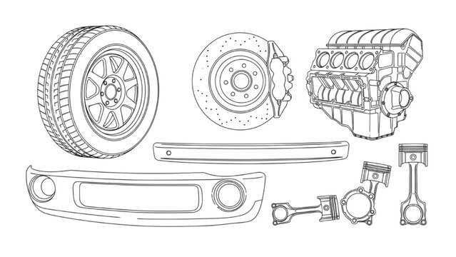 2D AutoCAD Vector illustration of car engine parts and tire