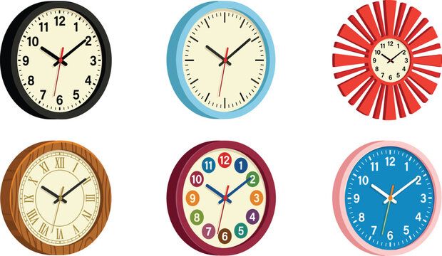 Wall clock vector collection set featuring diverse cartoon round timepieces including classic black minimalist blue wood texture roman numerals and colorful kids clocks isolated on white background