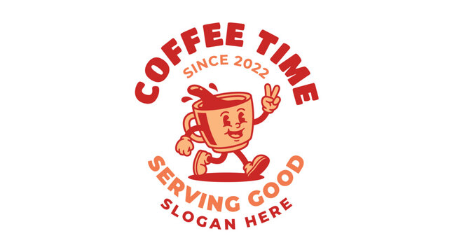 Vintage Coffee Cup Mascot Logo Design.