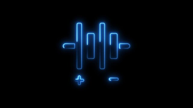 Glowing blue sound wave equalizer bars on black background with plus and minus signs blue neon glowing bars