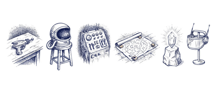 Retro space exploration sketch set of vintage hand drawn icons isolated on white background featuring raygun, astronaut helmet, control panel, star map, cosmic crystal, and futuristic visor.