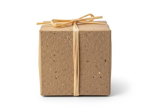 Small square gift box wrapped in textured brown recycled craft paper and tied with a simple natural raffia string bow on white background