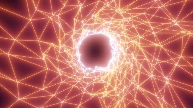 Glowing orange wireframe network surrounds a dark circular portal