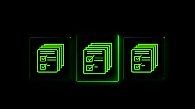 Neon green digital document checklist animation, task completion and approval process motion for ui and business presentations 4k video.