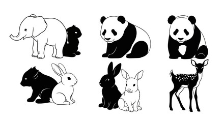 Black and white animal icons cute cartoon illustrations of panda elephant rabbit deer © Priyanka