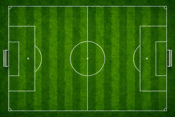 Obraz premium Soccer field from above with green turf and white markings during daytime