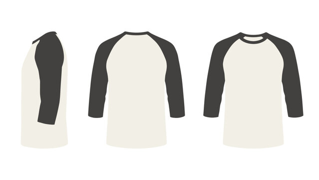 Men white and black 3/4 sleeve raglan t-shirt front and back view. Vector realistic mockup of male blank baseball tee isolated on transparent background