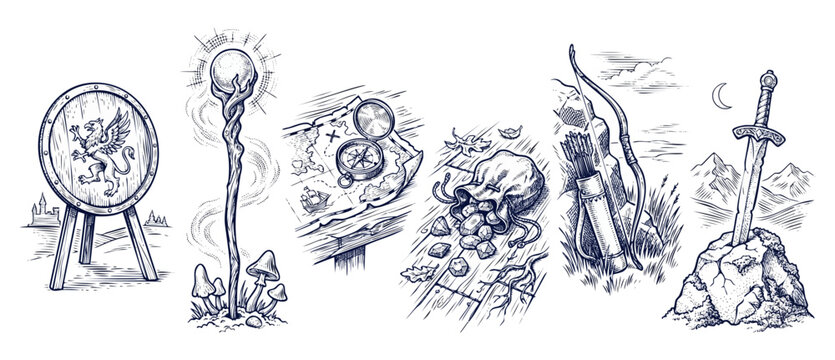 Fantasy adventure quest items set in vintage engraving style featuring knight shield, magic wizard staff, treasure map, gem pouch, bow and arrow, and sword in the stone for RPG game design asset.