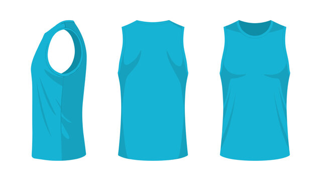 Cyan blue tank top sleeveless shirt front and back view. Vector realistic mockup of male blank undershirt or gym wear isolated on transparent background