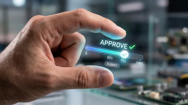 Human hand holding glowing holographic interface slider bar with approve checkmark button and submit text option icon.