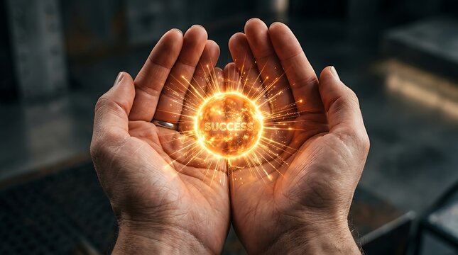 Human hands holding glowing orange sphere with success text inside energy particles radiating from central light source.