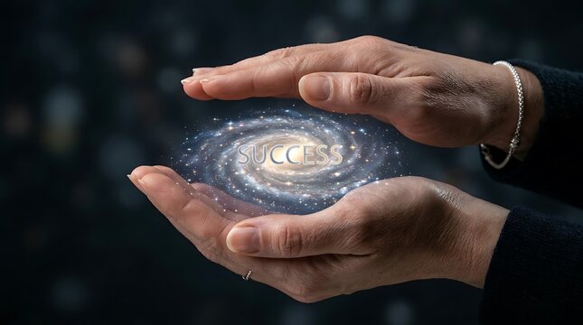 Human hands holding glowing spiral galaxy shape with text letters inside dark space between palms for visual effect.