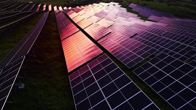 Solar panel rows reflecting sunset light. Overhead drone shot capturing clean alternative energy infrastructure catching warm pink glare over green grass.