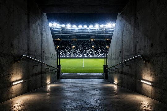 Soccer stadium tunnel leading to illuminated green field and spectator seating during nighttime