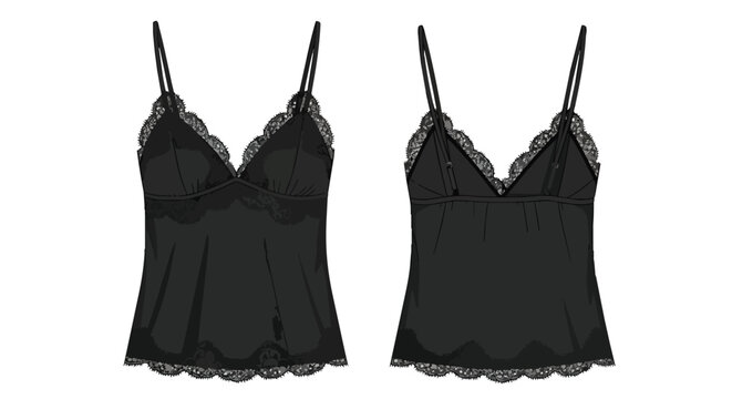 Women Black Lace Trim Camisole Silk Top with Spaghetti Straps Front and Back View Fashion Design Technical Sketch