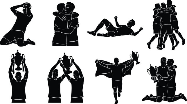Black silhouettes of people celebrating with trophies and each other