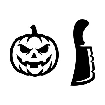 Spooky jack o lantern pumpkin and large kitchen cleaver with halloween, seasonal
