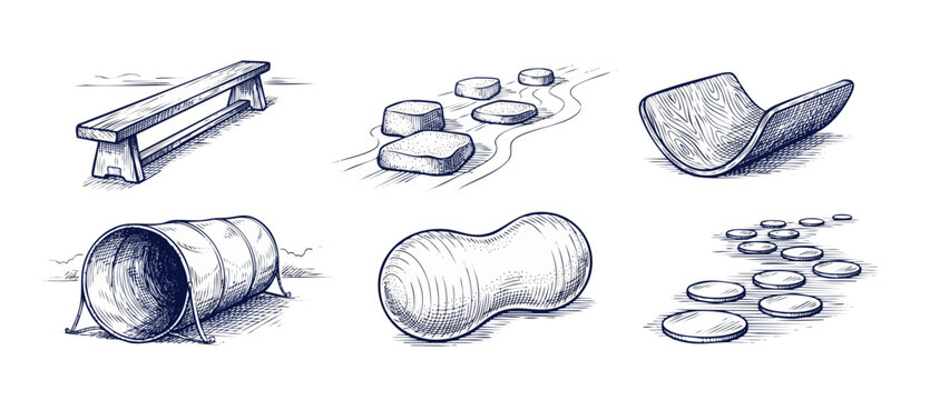 Pediatric sensory therapy equipment illustrations featuring vintage hand-drawn balance beam, wobble board, peanut ball, crawling tunnel, and stepping stones for children gross motor skills development