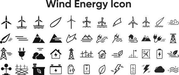 Naklejka premium Wind Energy Line Icons Set, Renewable Eco Power and Wind Turbine Symbols, Clean Electricity and Sustainable Infrastructure Outline Vector Elements