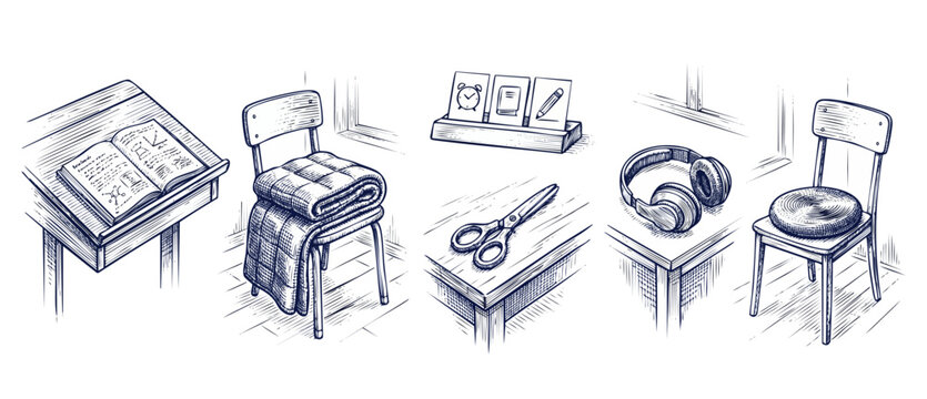 School study objects sketch set containing desk with book, chairs with cushions, scissors, headphones, and flashcards in hand drawn engraving style for education and learning concept illustrations.