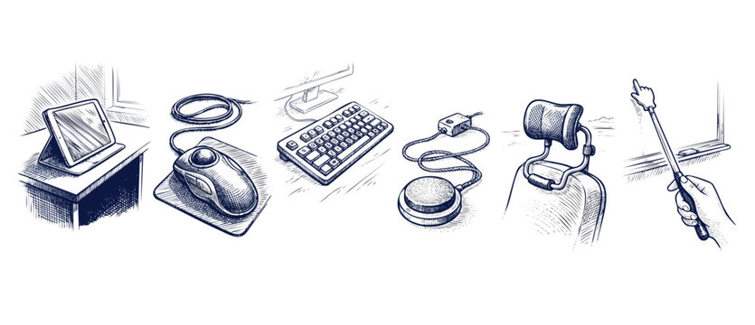 Assistive technology input devices drawing showing keyboard, trackball mouse, adaptive switch button, ergonomic headrest, tablet, and pointer stick on white background for accessibility concept.