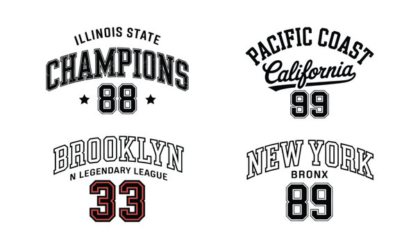Varsity college sports vector design set with vintage athletic typography logos for t shirt print