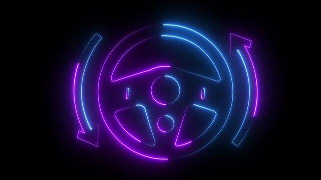 Neon steering wheel with rotating arrows animation for automotive tech and driving concepts on black background .4k video motion graphic animation .