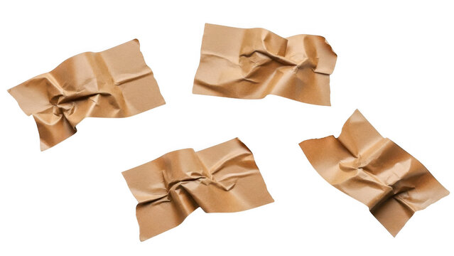 Four neatly tied brown paper gift packages with twine isolated on transparent background