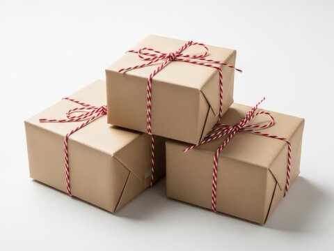Three square gift boxes wrapped in plain brown craft paper and tied with red and white striped twine, arranged in a stack on a white surface