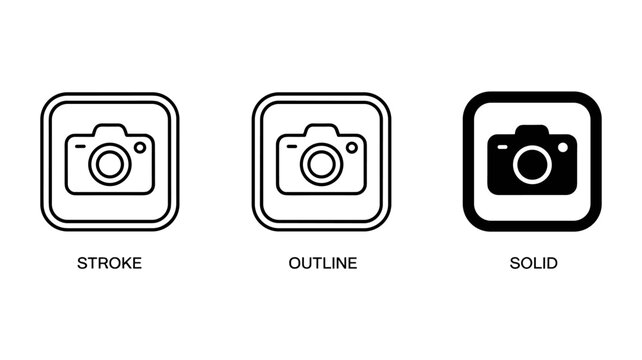 Adobe Illustrator ArtworkCamera Icons: Stroke, Outline, and Solid Styles on White Background