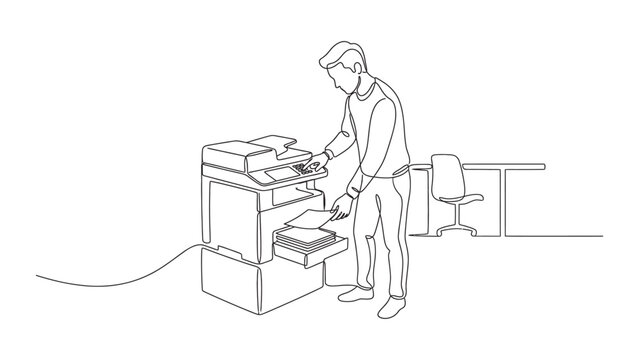A line art illustration of a man using an office copier.