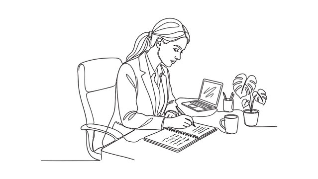 Businesswoman writing in a notebook at her office desk line art illustration.