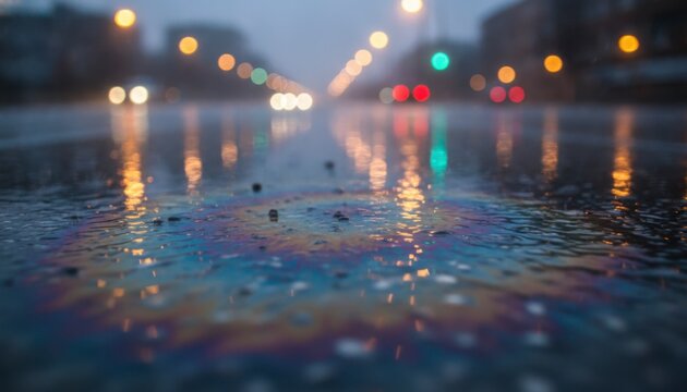 Colorful oil slick reflecting city lights on a wet street during a rainstorm at dusk