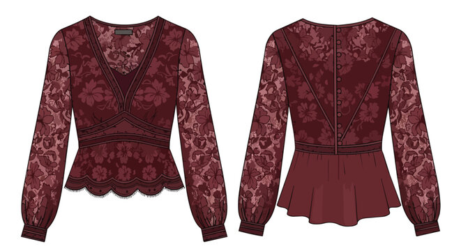 Women's Burgundy Lace Top with Floral Pattern Long Sleeves and V-Neckline Peplum Hem Fashion Design Template