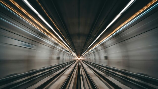Subway tunnel interior showing motion blur light streaks captured from a fast moving train inside a modern underground track corridor