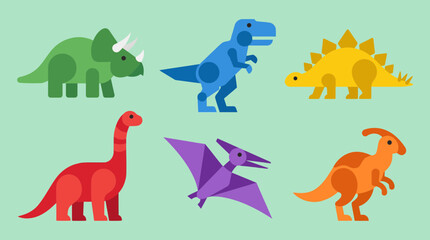 Colorful set of flat vector dinosaur illustrations featuring various prehistoric creatures designed with simple shapes for modern graphic design projects © Firdaus