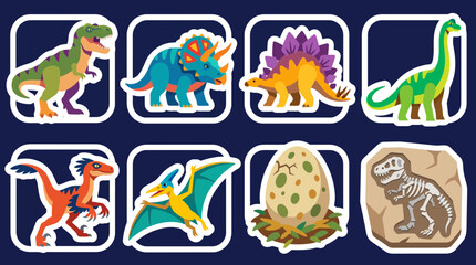 Colorful vector illustration set featuring various prehistoric dinosaurs and fossils arranged in rounded square icons for creative educational design projects © Firdaus