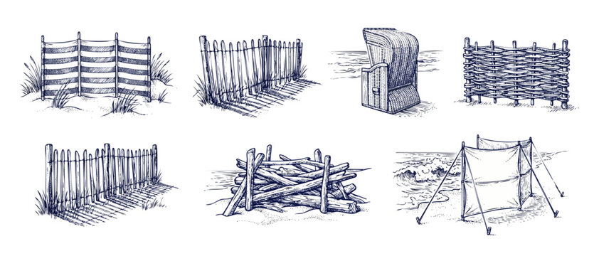 Beach fence windbreak drawing set featuring vintage hand drawn sketch illustrations of wooden sand fences, wicker strandkorb beach chair, coastal driftwood, and fabric wind shelter on white background