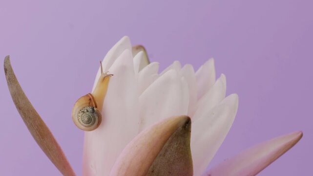 Macro shot of the snail crawls on a water lily flower on a purple background