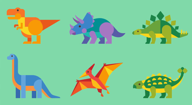 Colorful set of flat vector dinosaur illustrations featuring geometric shapes and vibrant patterns for children educational media design projects today