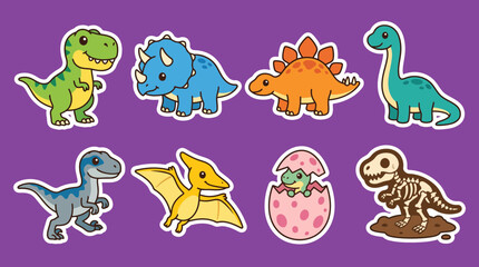 Colorful set of cute cartoon dinosaur vector illustrations featuring various prehistoric creatures designed in a fun playful sticker style format © Firdaus