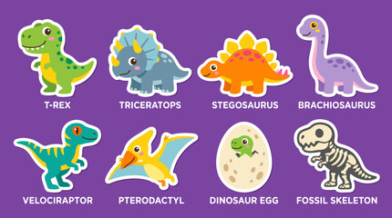 Colorful collection of cute cartoon dinosaur vector illustrations featuring various prehistoric creatures with friendly faces on a solid purple background © Firdaus