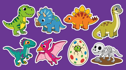 Colorful set of adorable cartoon dinosaur stickers featuring various prehistoric creatures and fossils designed as a vibrant vector graphic illustration © Firdaus