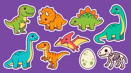 Colorful vector illustration set featuring cute cartoon dinosaurs including a triceratops and a t-rex in a flat sticker design style © Firdaus